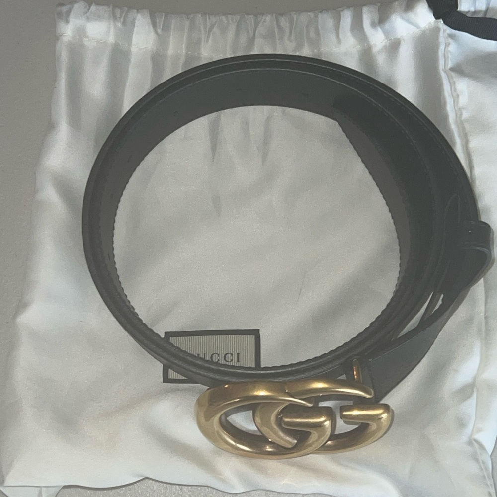 Gucci GG Marmont Leather Belt with Gold Double G Buckle – Black –